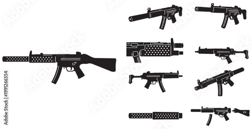 Collection of vector illustrations showcasing various submachine gun models and configurations with different attachments.
