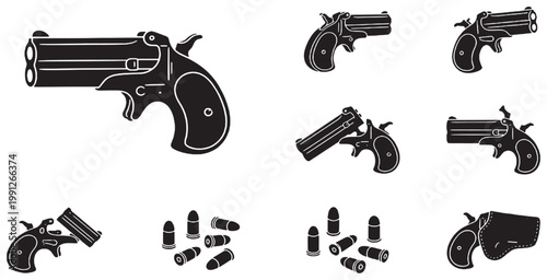 Collection of black and white vector illustrations depicting various derringer pistols and ammunition, showcasing different angles and designs.
