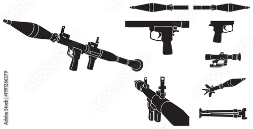 Collection of various military weapons including rocket-propelled grenade launchers, handguns, and a rifle scope in black silhouette.