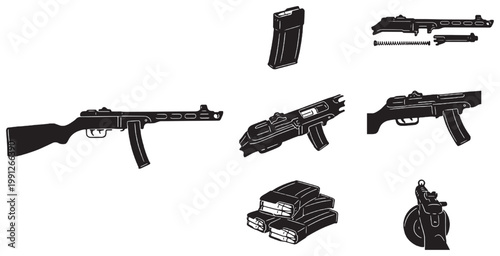 A collection of detailed black and white illustrations showcasing various submachine guns, magazines, and disassembled firearm components.