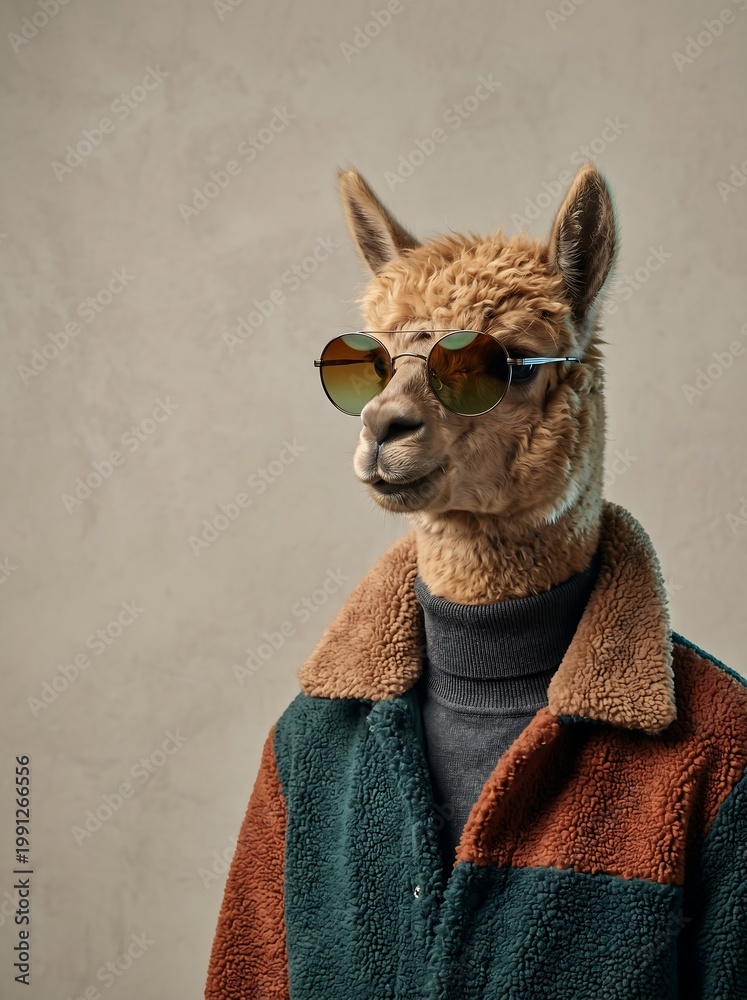 Fototapeta premium Cool Alpaca Wearing Stylish Winter Coat and Round Sunglasses