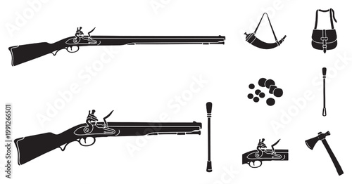 Foto Collection of historical flintlock muskets and essential accessories including powder horn, shot pouch, musket balls, and tomahawk