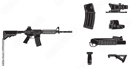 Black and white illustration of a tactical rifle with various firearm accessories and attachments.