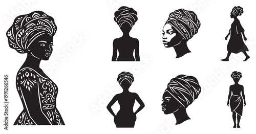 Collection of black and white silhouettes depicting African women wearing traditional headwraps and patterned attire, showcasing cultural elegance and style.