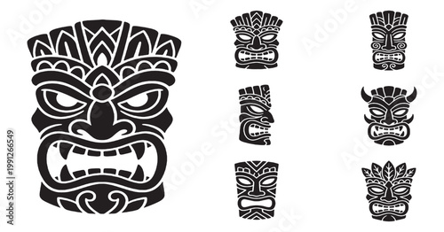 Black and white vector illustration of various traditional Polynesian tiki masks with tribal patterns and fierce expressions.