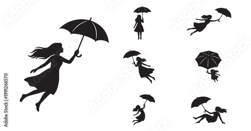 Silhouettes of women and girls floating and flying with umbrellas against a clean white background, depicting a sense of freedom and fantasy.