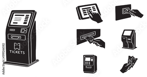 A collection of black and white icons illustrating various self-service kiosk interactions and payment methods.
