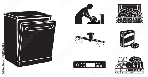 Illustrations depicting a dishwasher, pre-rinsing dishes, detergent, spray arm, control panel, and loaded racks.