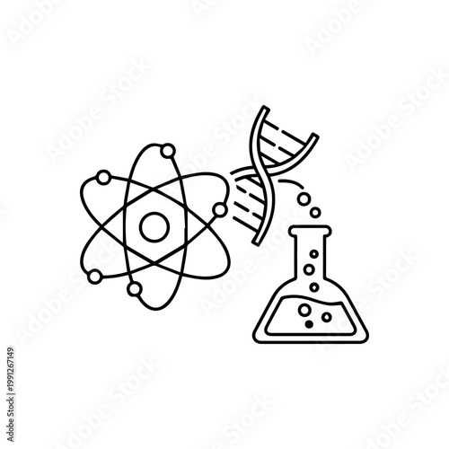Minimalist black line art icon combining an atom DNA helix and a bubbling laboratory flask symbolizing scientific research and discovery.