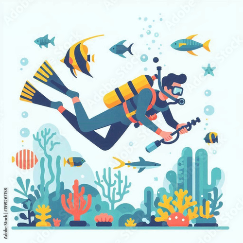 Male scuba diver in a blue wetsuit and yellow gear swimming horizontally with an underwater camera.