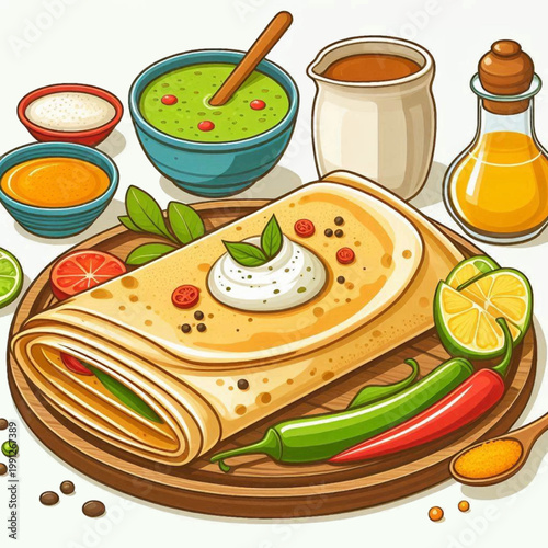 Savory folded crepe on a wooden platter with sour cream chili peppers and lime wedges.