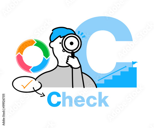 PDCA | Checkステップに特化し、チェックマーク・ホイール・階段グラフを組み合わせた虫眼鏡を持つ人物イラスト（検証・チェック・調査・確認・評価）
