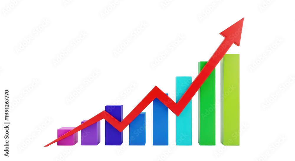 Obraz premium Colorful bar and line graph illustrating upward trend and growth. isolated on transparent background