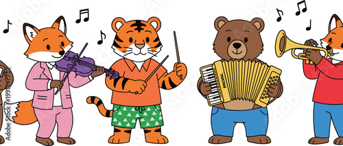 Cute animal musicians cartoon set with fox tiger bear playing violin accordion trumpet vector illustration