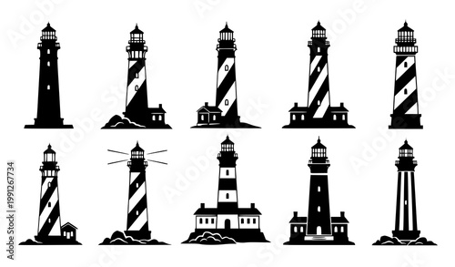 Fotografi Lighthouse silhouettes vector set coastal beacon tower icons isolated on white b