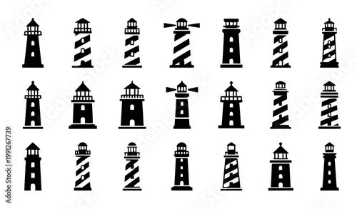 Coastal lighthouse icon set silhouette maritime tower vector illustration isolated