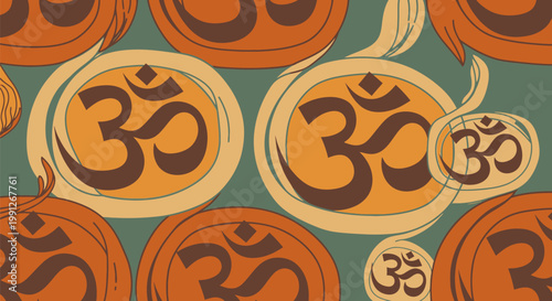 Repeating Pattern of Sacred Om Symbols in Earthy Tones.
