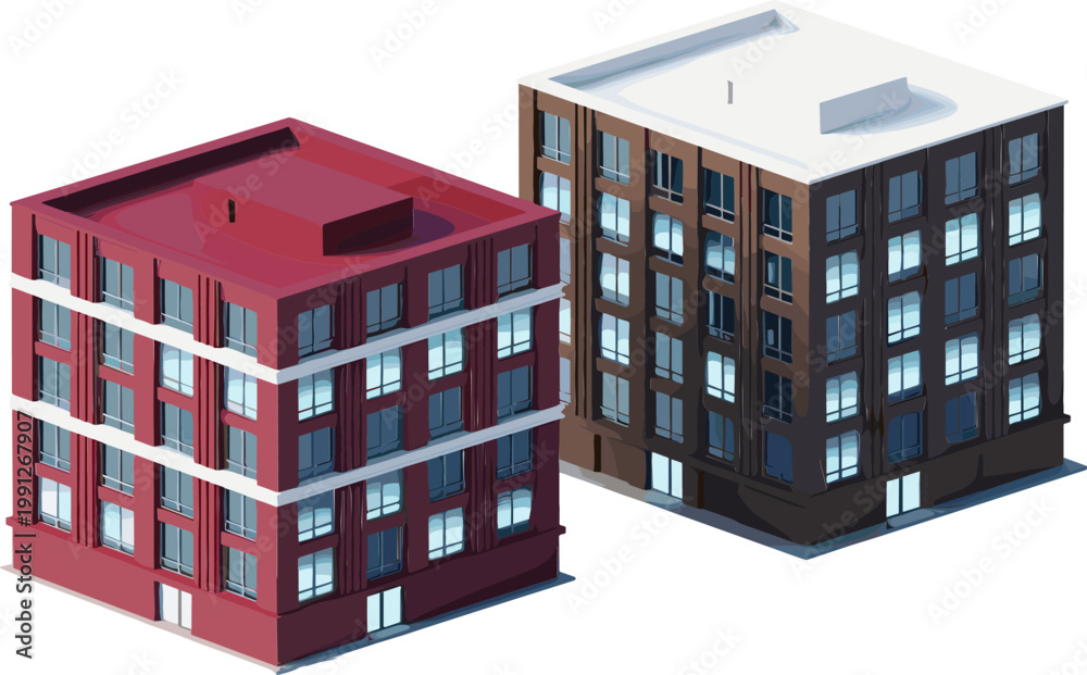 Fototapeta premium Modern Apartment Building Illustration Set Featuring Urban Residential Blocks with Detailed Windows and Architecture for Real Estate, City Living, and Property Development Design
