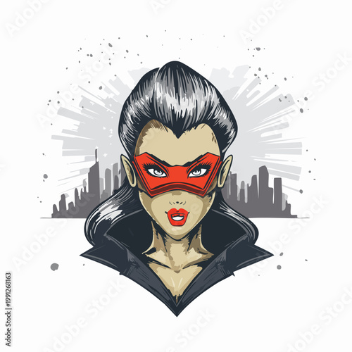 Dynamic Superheroine Face With Red Mask And Cityscape Background Vector Illustration