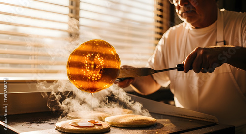 A close up of a chef using a spatula to flip a perfectly round pancake with dripping syrup over a hot smoking griddle