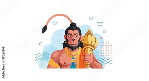 Lord Hanuman holding his mace in a powerful stance.