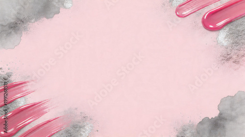 Bright Pink Cosmetic Background with Watercolor Splashes, Powder Textures and Glossy Highlights, Minimal Beauty Concept