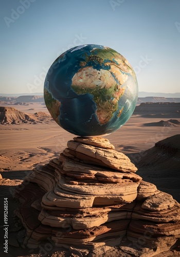A vibrant Earth globe precariously balances on sculpted rock in a vast desert, symbolizing fragile global environmental balance and the urgent call for planetary sustainability