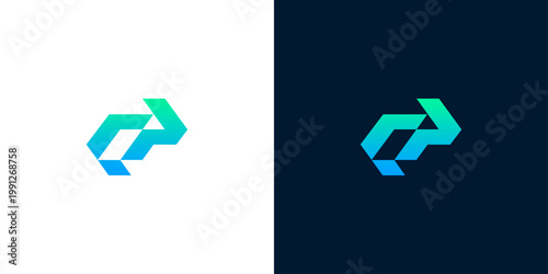Abstract geometric logo design in blue and green gradient, symbolizing technology and innovation