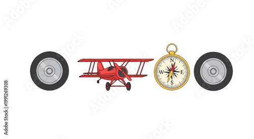 Vintage biplane model positioned between two circular wheels and a classic navigation compass.