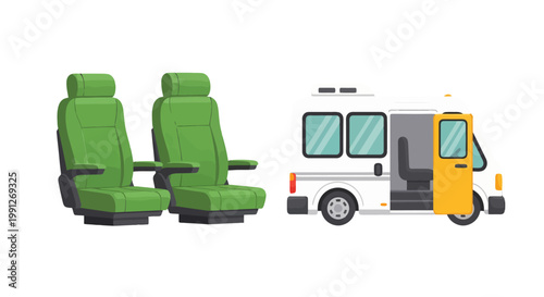 Green passenger bus seats next to a white shuttle bus with open door.