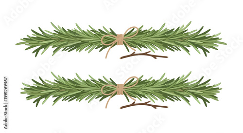 Two bundles of fresh green rosemary tied with twine.