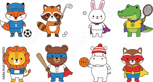 Cute animal superheroes and sports cartoon set with fox raccoon rabbit crocodile lion bear hippo vector illustration