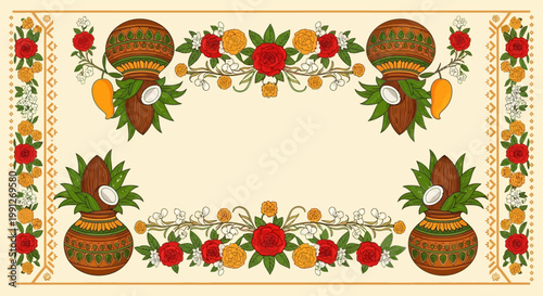 Traditional Indian Kalash and Floral Decorative Border Design.