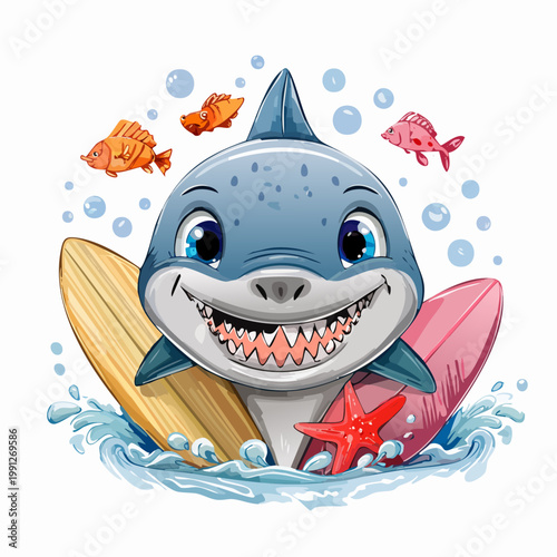 Playful Cartoon Shark With Toothy Grin, Surfboards, Starfish and Fish in Water Waves