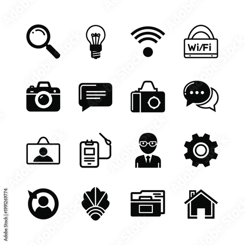 Business & Technology Line and Solid Icon Set – Communication, Camera, WiFi, Settings, User Interface Symbols