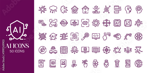 Artificial Intelligence Icon Set with AI Brain, Machine Learning, Robot, Data Network and Futuristic Technology Vector Collection