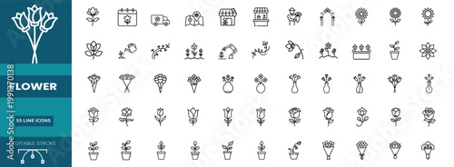 Flower web line icons set blossom flora garden bouquet plant botanical tulip rose sunflower web line icons set & more vector illustration with editable stroke