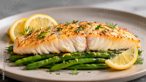A premium commercial photograph featuring a baked halibut fillet with a flaky, moist interior and lightly firm exterior.