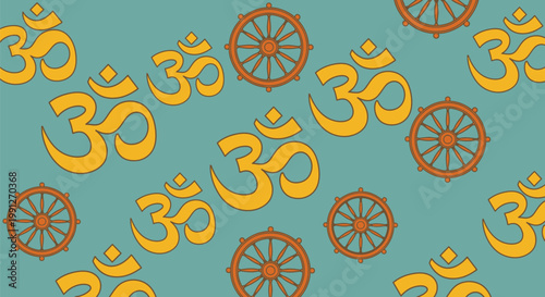 Om Symbol and Dharma Wheel Religious Icons Pattern.