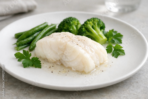 A refined food photograph featuring a gently poached cod fillet with a delicate, flaky texture and natural white tone.