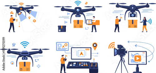 Drone Technology Illustration Set with Delivery Camera Control Remote Monitoring Aerial Logistics and Smart Flight Vector Collection