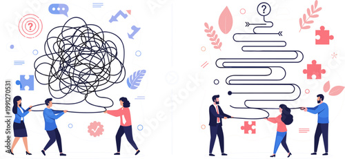 Problem Solving Concept Illustration with Team Untangling Chaos into Clear Path Strategy Collaboration and Business Success Vector Design