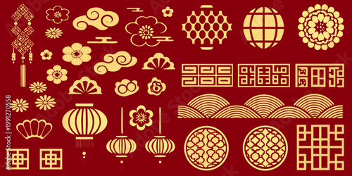 Golden chinese traditional patterns and ornaments on a red background