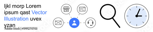 Customer service, communication tools, business operations, time management, research, organization. Connected icons show different channels mail, support shopping. Communication and business