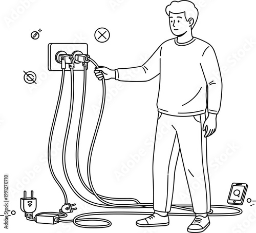 Electrical Safety Illustration with Man Overloading Power Outlet Multiple Plugs Extension Cords and Fire Hazard Warning Line Art Design