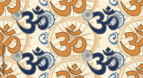 Om Symbol Seamless Pattern Religious Hinduism Buddhism Spirituality.