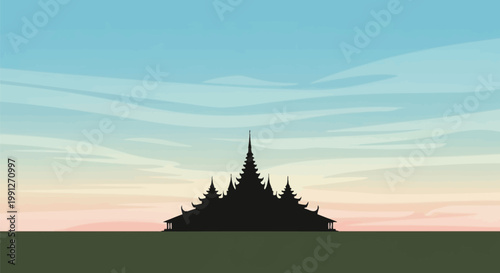 Silhouette of a traditional Asian temple building structure.