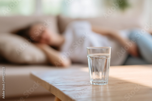 Glass of fresh water on wooden table with blurred woman sleeping on sofa in background, hydration and healthy lifestyle concept