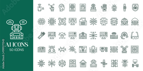 Artificial Intelligence Icon Set with AI Brain, Machine Learning, Robot, Data Network and Futuristic Technology Vector Collection