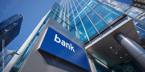 Modern bank building exterior with blue sign and glass facade in financial district, banking and corporate finance concept